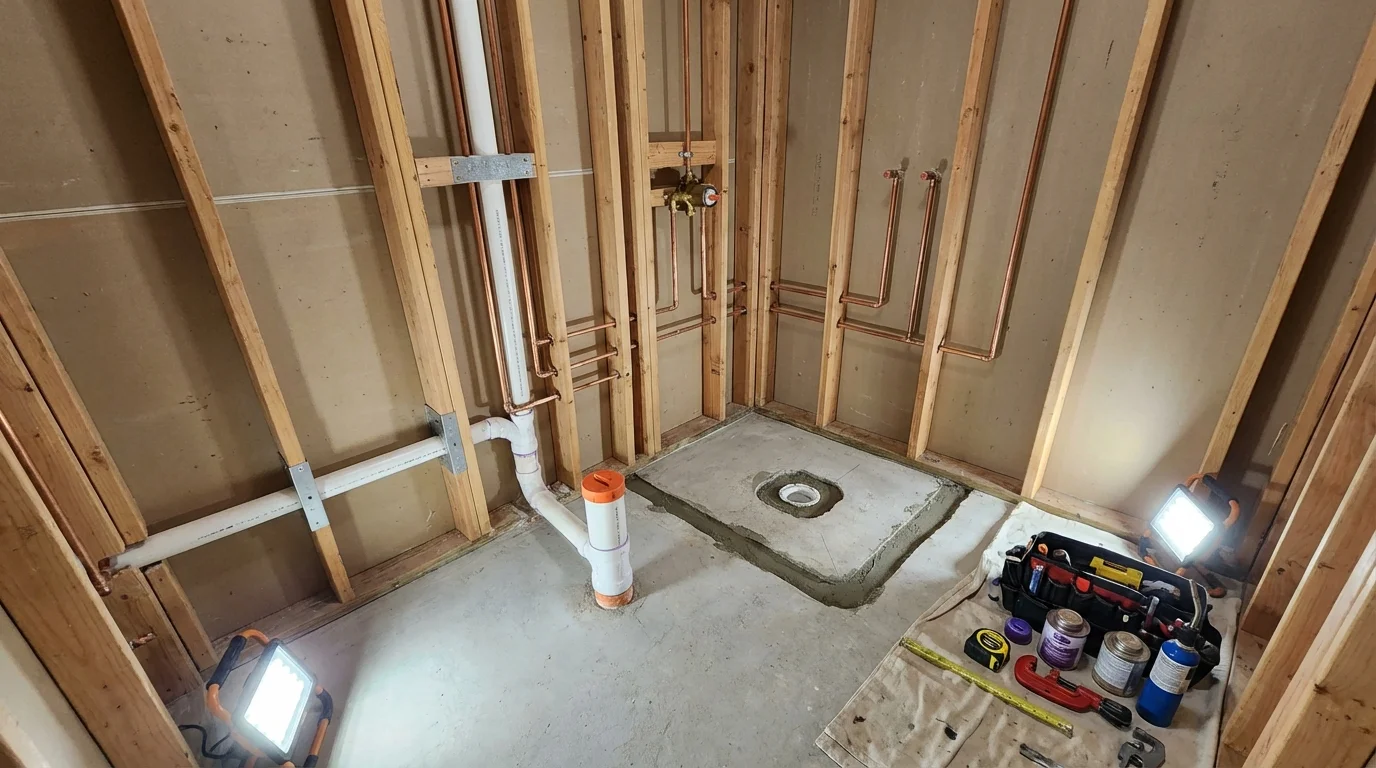Bathroom rough-in plumbing during remodel by Johns Plumbing LLC in Carrier Mills