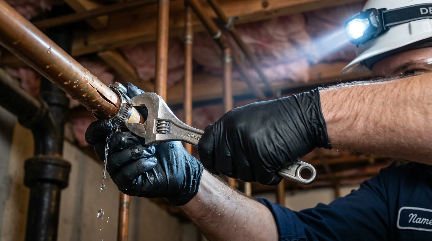 Emergency pipe clamp repair being performed by a Johns Plumbing LLC plumber in Carrier Mills