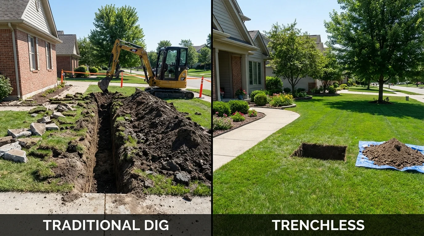 Trenchless sewer repair with minimal yard damage versus traditional excavation in Carrier Mills, IL