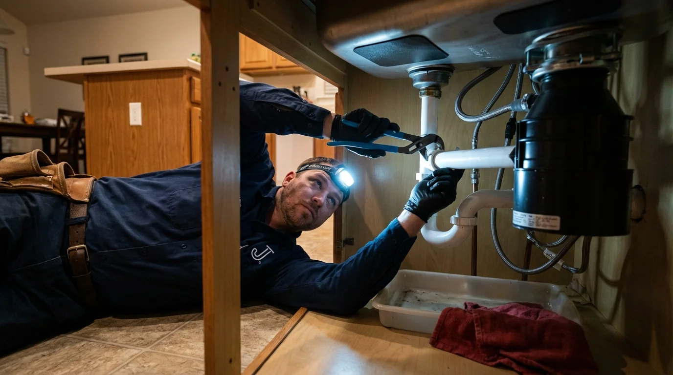 P-trap and supply line connections under a kitchen sink showing a common leak point in Carrier Mills, IL
